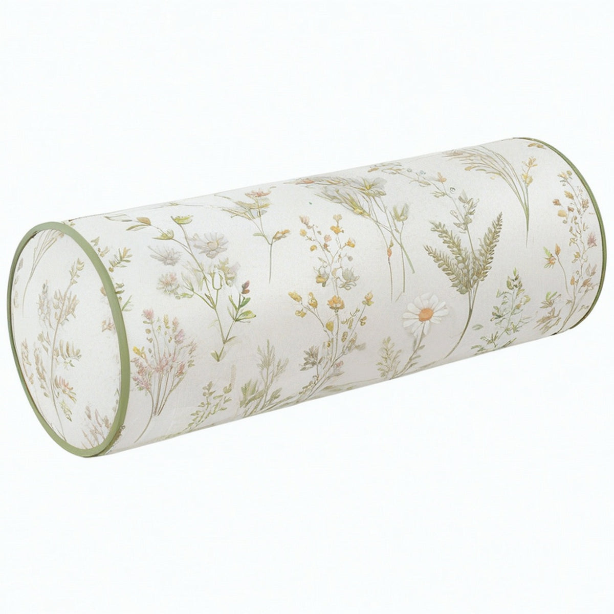 Cojín cilíndrico 20 x 50 cm de tela floral beige con ribete verde para apoyo decorativo