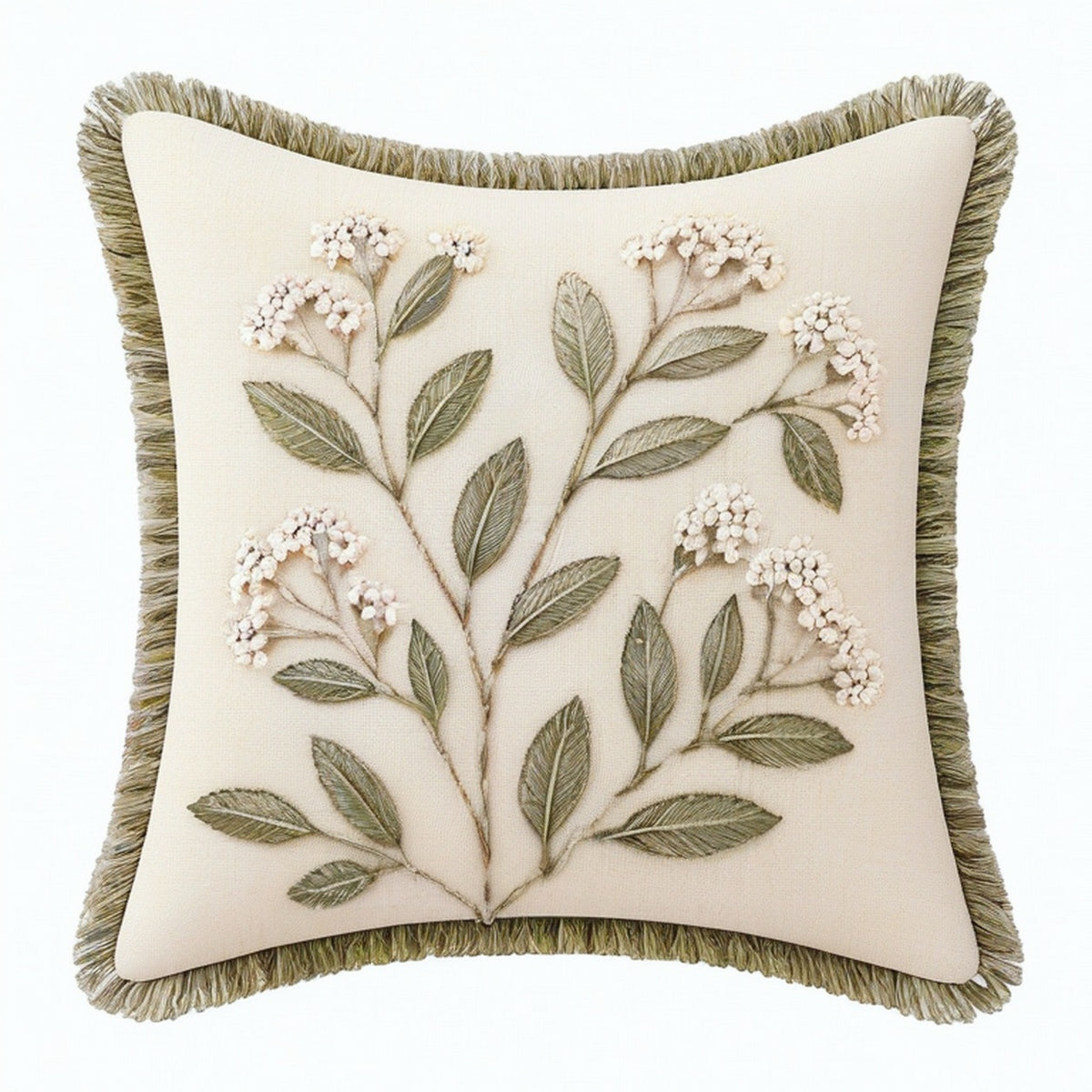 Cojín decorativo cuadrado 45 x 45 cm de tela beige y verde con bordado floral y flecos