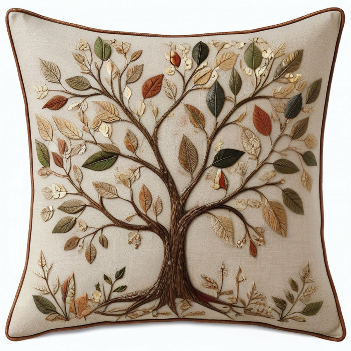 Cojín cuadrado 45 x 45 cm beige con bordado de árbol estilo botánico