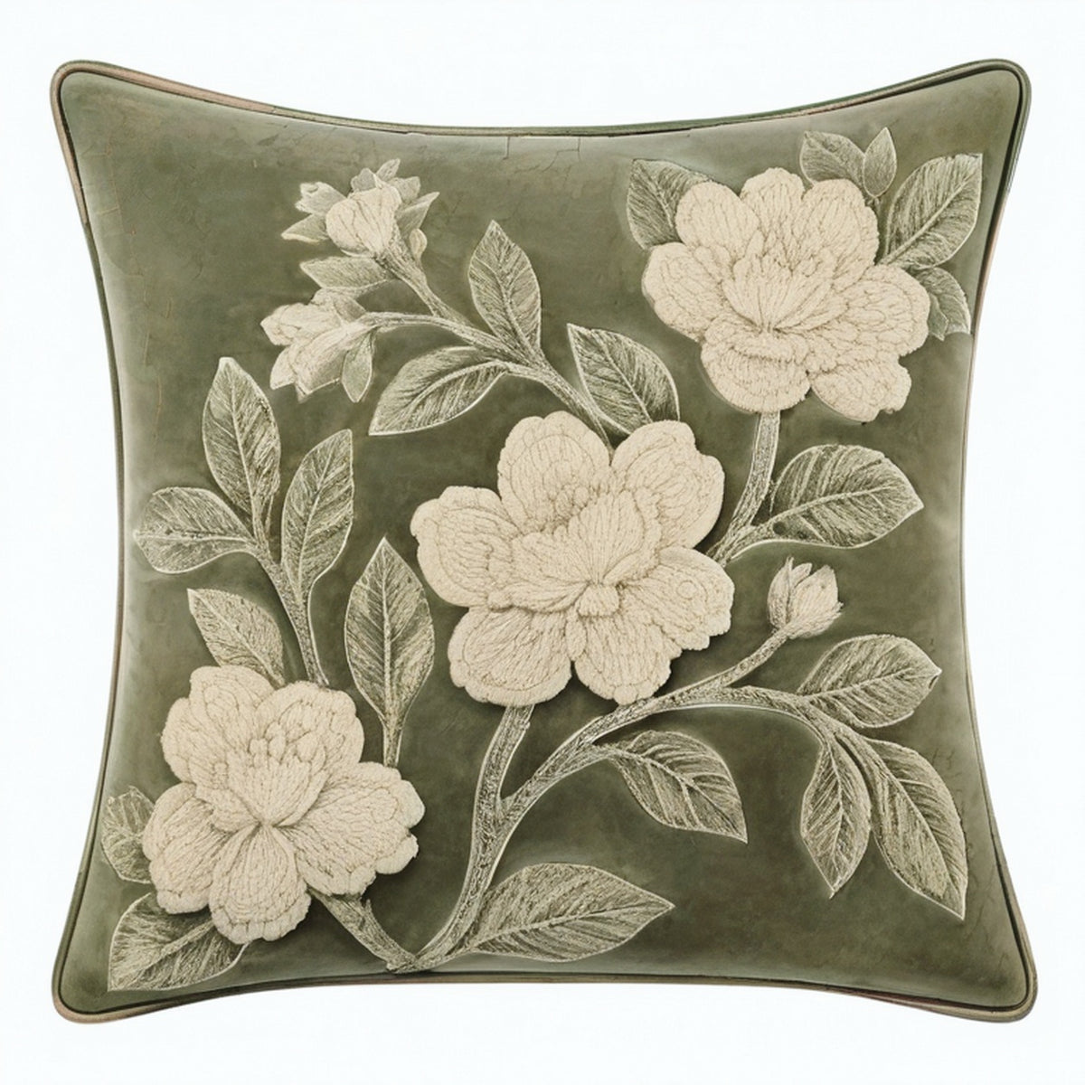 Cojín decorativo cuadrado 45 cm de terciopelo verde con bordado floral