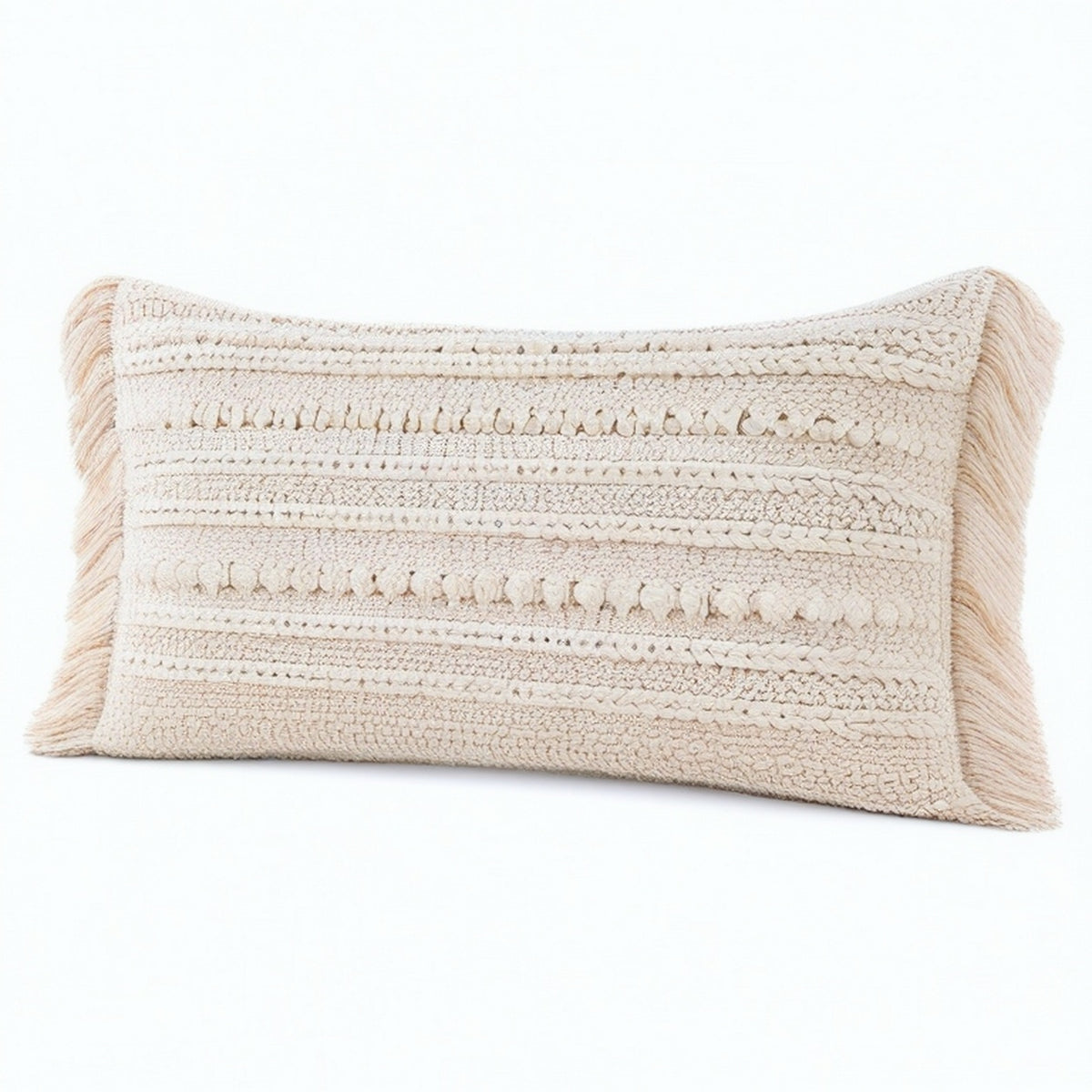 Cojín rectangular 50 x 30 cm de algodón beige con flecos estilo bohemio