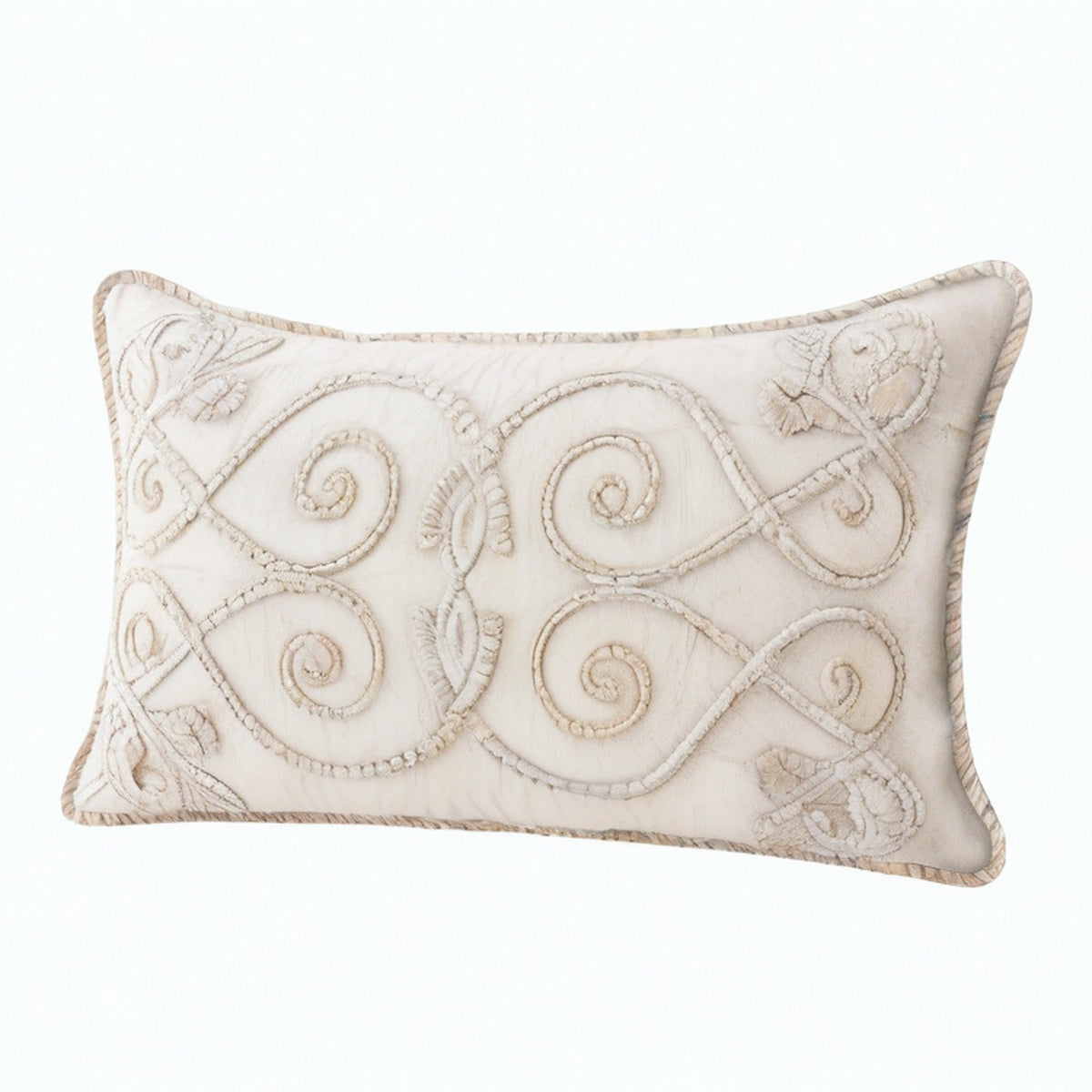 Cojín rectangular 50 x 30 cm de tejido beige bordado decorativo
